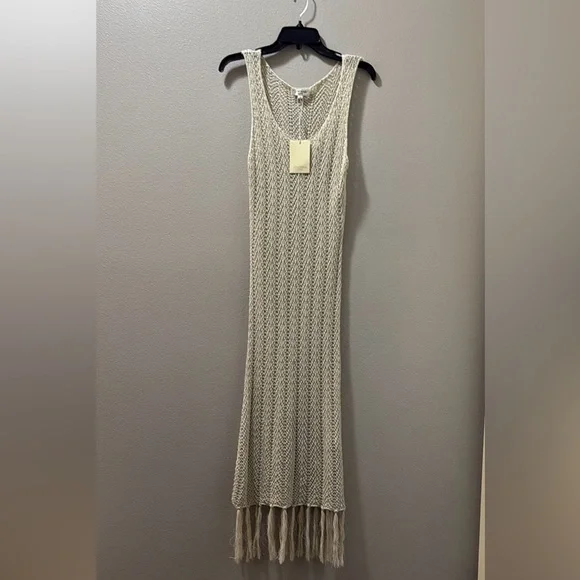 Luxurious Cream Ribbed Woven Viscose Sleeveless Long Swim Coverup Stretchy NWT - Picture 2 of 9